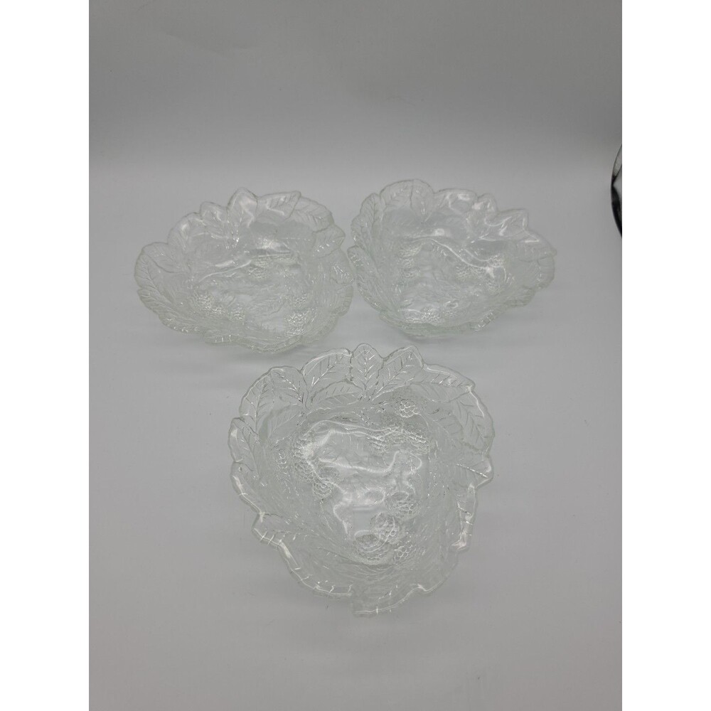 VTG Indiana Glass Loganberry Berries & Leaves Clear Bon Bon Fruit 3 Bowls Dish